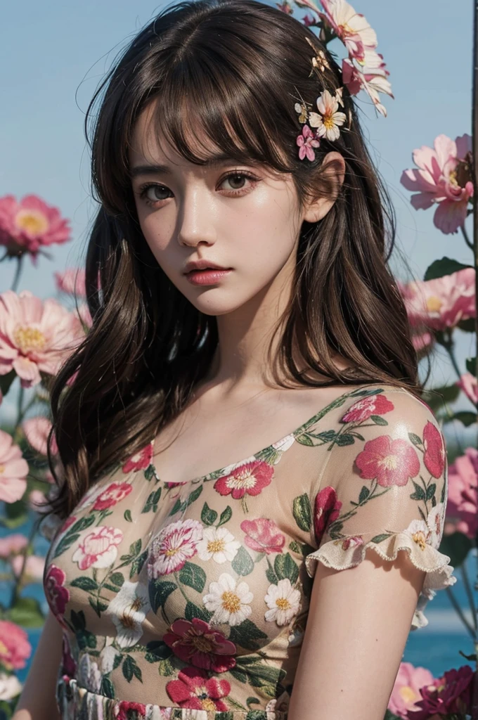 (masterpiece), (best quality), (ultra detailed),(disheveled hair),(illustration), (1girl), (flower print one piece), standing, Fashion model, looking at viewer, (interview), (simple background),beautiful detailed eyes, delicate beautiful face, Floating,(high saturation),(colorful splashes),colorful bubble,(shining), focus on face, short cut hair, kamisato ayaka, light brown hair, bangs, hair ring, floating flowers, floating hairs, (shining), best lighting, best shadow,