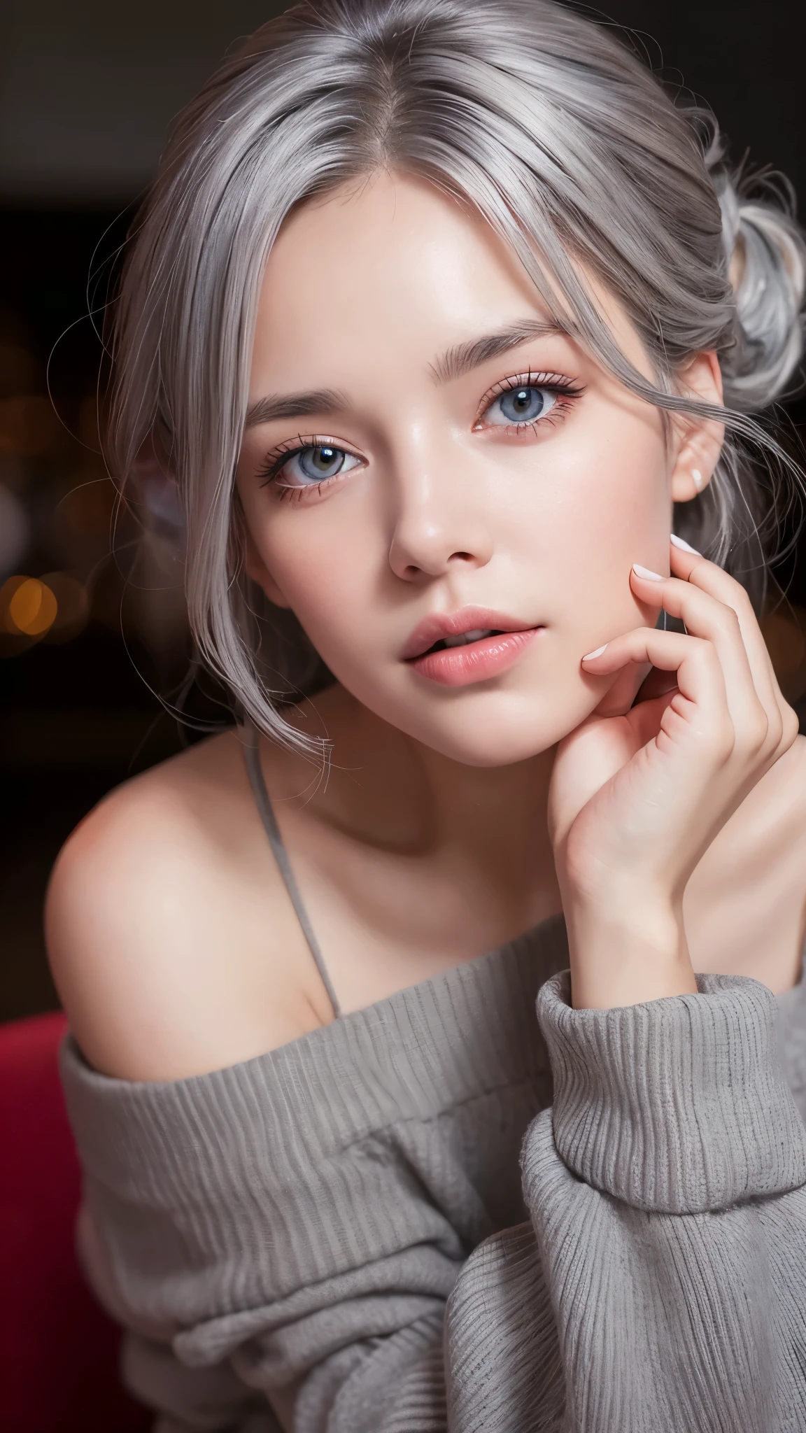 Highest quality, masterpiece, Ultra-high resolution, (Realistic: 1.4), RAW Photos, One girl, Off the shoulder, Cinema Lighting, Kiss pose, Heterochromia iridis, Gray Hair, Gray Hair