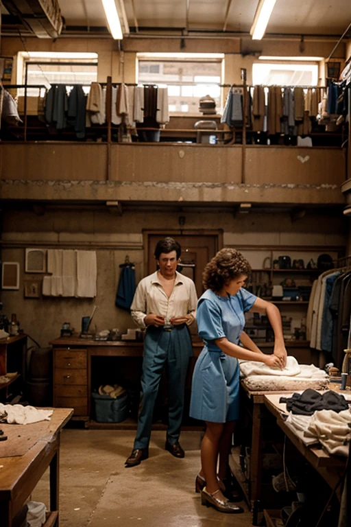 scenery of a tailor shop from the 80s with realistic elements and people in the background.