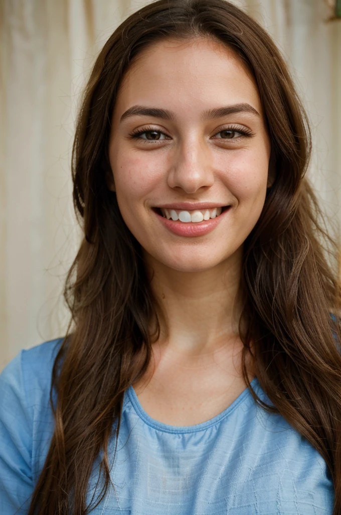 a photo-realistic portrait of a beautiful Palestinian woman with long brown hair, blue shirt, white teeth, and a cute smile, with highly detailed and realistic facial features, modest expression, and realistic white skin tone