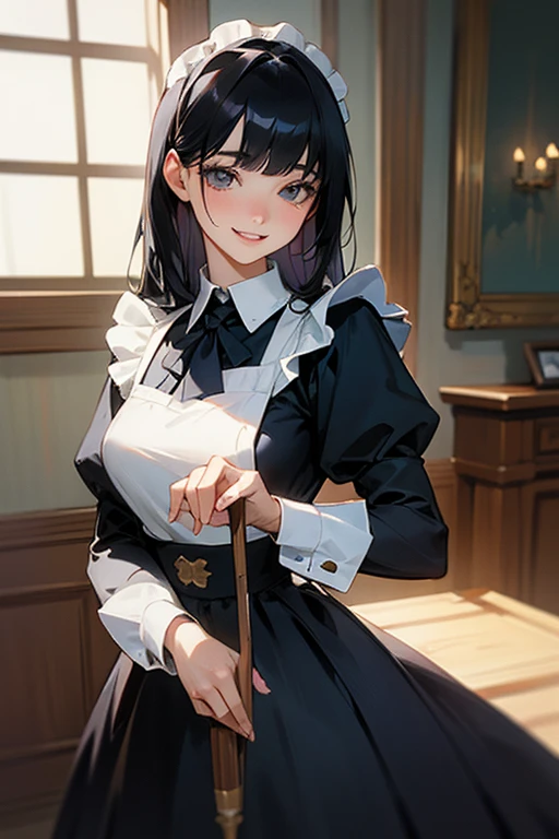 (Highest Resolution, clear_image) Highest quality, One woman, alone, masterpiece, Very detailed, Semi-realistic, Black Hairのショートヘア, Black Hair, bangs, 18-year-old, mature, light blue uniform, uniform, Indoor Background, kind, Authoritative, Powerful, exquisite features, exquisite features、Eyelashes become longer、Showing teeth、smile😀、Maid clothes、woman'Fingers in the、Sleeping on the sofa、Long Hair、Fluttering in the wind、Navy blue clothes、Long Hair、I'Carrying the plate、Long Hair、Laugh gently、Braiding、