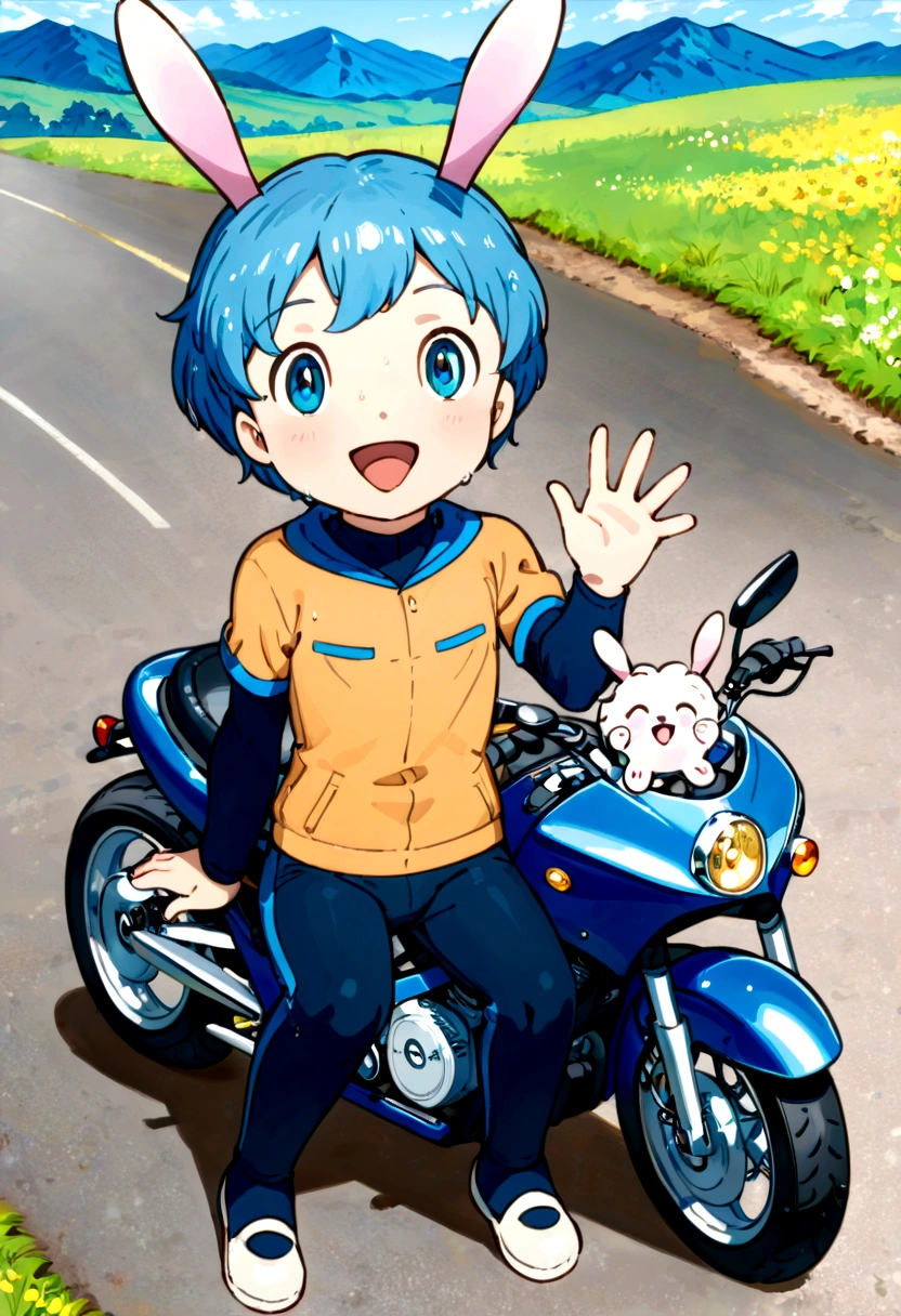 Cute young boy, rabbit ears,rabbit boy, luca,blue hair, blue eyes, cute face, very smail, laughing, nsfw, small breasts, waist, motorcycle pants, wet spats, cute crotch penis, sitting, full view body, waving at viewer, looking at another, cute face, very smail, laughing, happy,