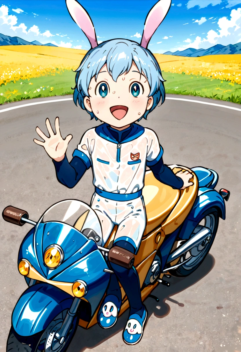 Cute young boy, rabbit ears,rabbit boy, luca,blue hair, blue eyes, cute face, very smail, laughing, nsfw, small breasts, waist, motorcycle pants, wet spats, cute crotch penis, sitting, full view body, waving at viewer, looking at another, cute face, very smail, laughing, happy,