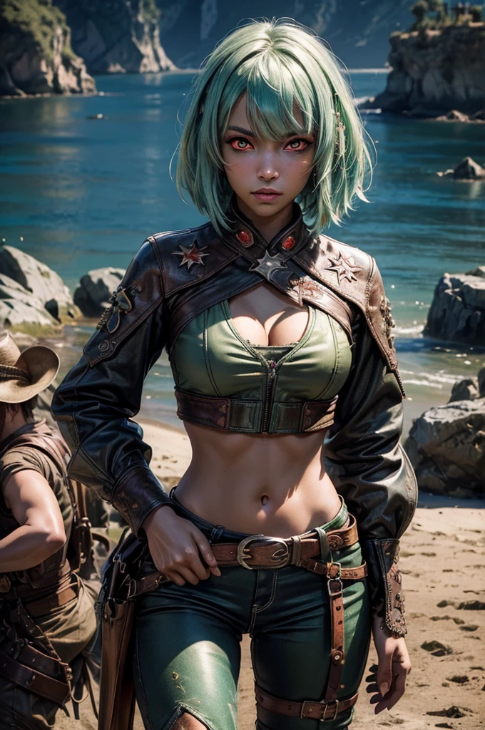 emeraldsustrai, emerald sustrai, short hair, (red eyes:1.5), (green hair), dark skin, dark-skinned female, navel, cleavage, midriff, belt, cleavage cutout, chaps, hands on hips, outdoors, military wedding, lavish wedding reception, on hillside, overlooking coast, sea, crowd, (crowd in military dress), (volumetric lighting),  intricate details, tonemapping, sharp focus, hyper detailed, (cowboy shot:1.5), BREAK (masterpiece:1.2), best quality, high resolution, unity 8k wallpaper, (illustration:0.8), (beautiful detailed eyes:1.6), extremely detailed face, perfect lighting, extremely detailed CG, (perfect hands, perfect anatomy),