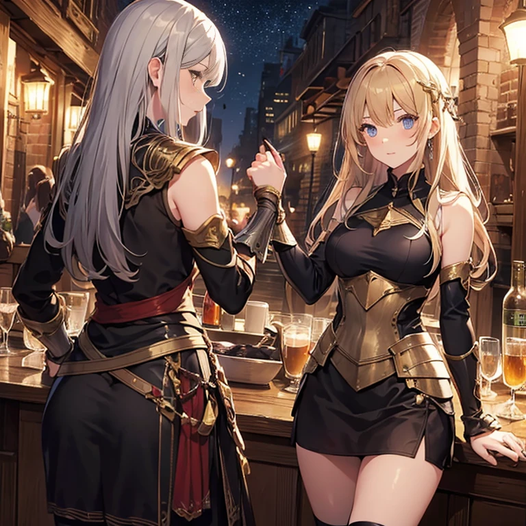 A group of female medieval fantasy adventurers, (in tavern), various hair styles, harem, night, details face, short skirt, seducing, sleeveless, armor
