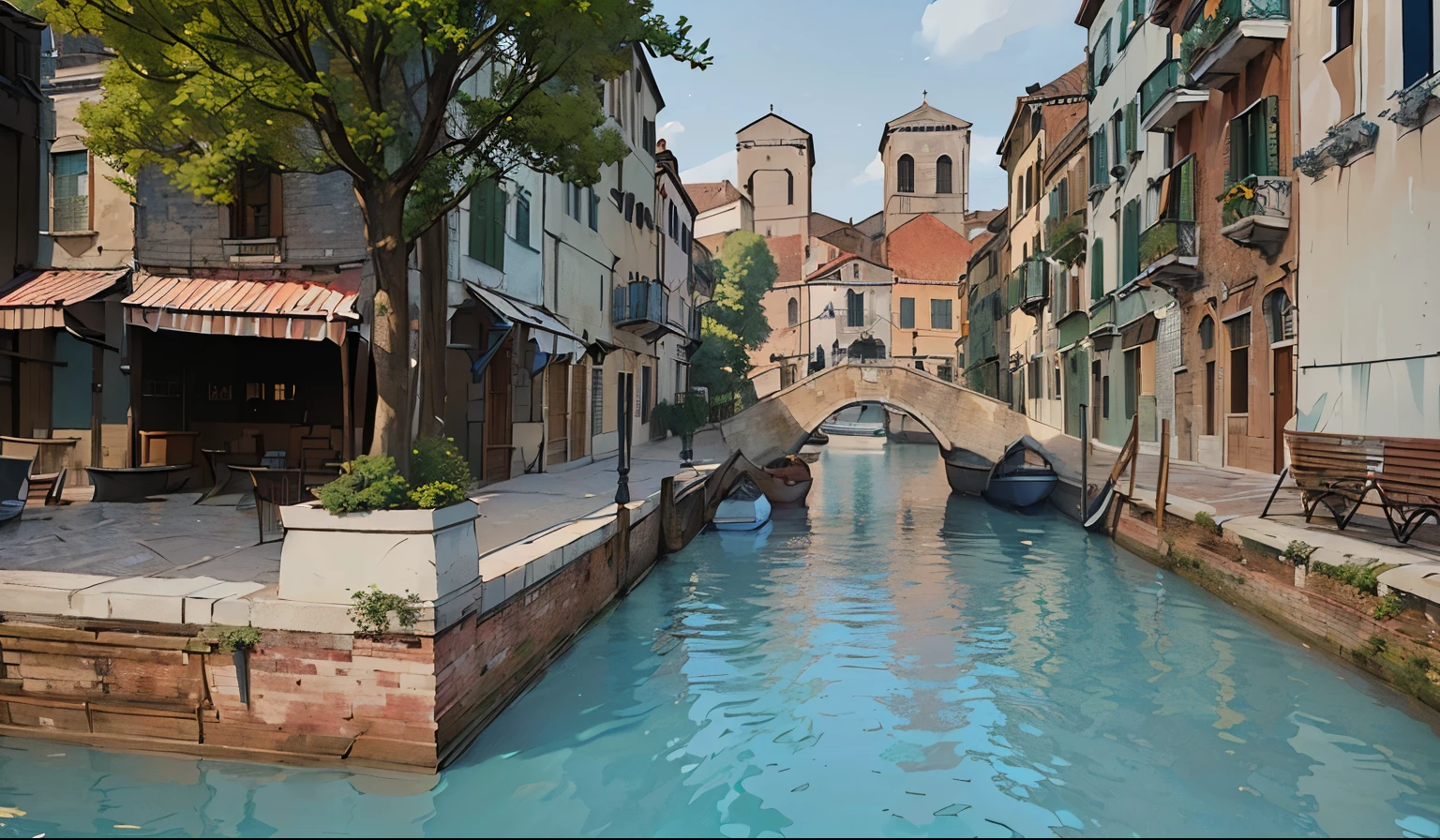 there is a small canal with a bridge and a boat in it, italian mediterranean city, realistic fantasy render, canals, canal, venice, vray beautiful, gondola, photorealistic streetscape, twisted waterway, architectural visualization, rendered in maya 4 d, architectural visualisation, very realistic 3 d render, stuning 3 d render, 3 d artistic render