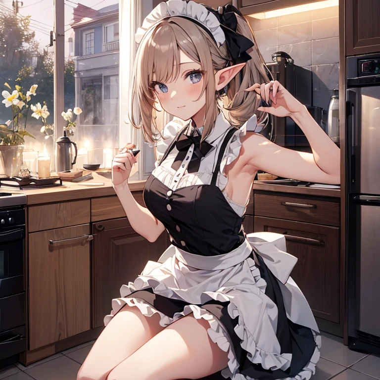 A maid, (in kitchen), various hair styles, night, details face, short skirt, seducing, sleeveless, maid uniform, armpits, elf