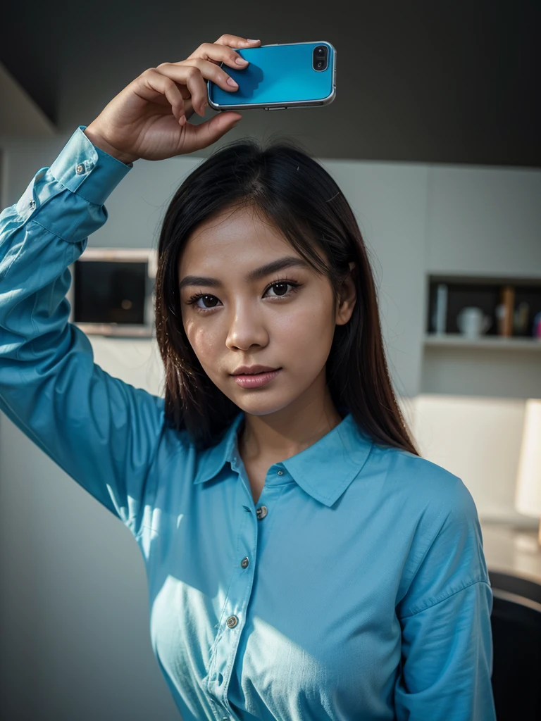 In the time between comfort with charm Thai female model wearing blue long-sleeved shirt Will take a selfie that captures the beauty of influencers in the digital age through photography. A nod to the evocative style of Felicia Simion, the photographs, rendered with clarity and depth of color on Provia film and highlighted by the brightness of Hinchel's technique, are a testament to the essence of social media portraits. Today's lively and shiny media --ar 17:32 --s 750 --v 6.0**