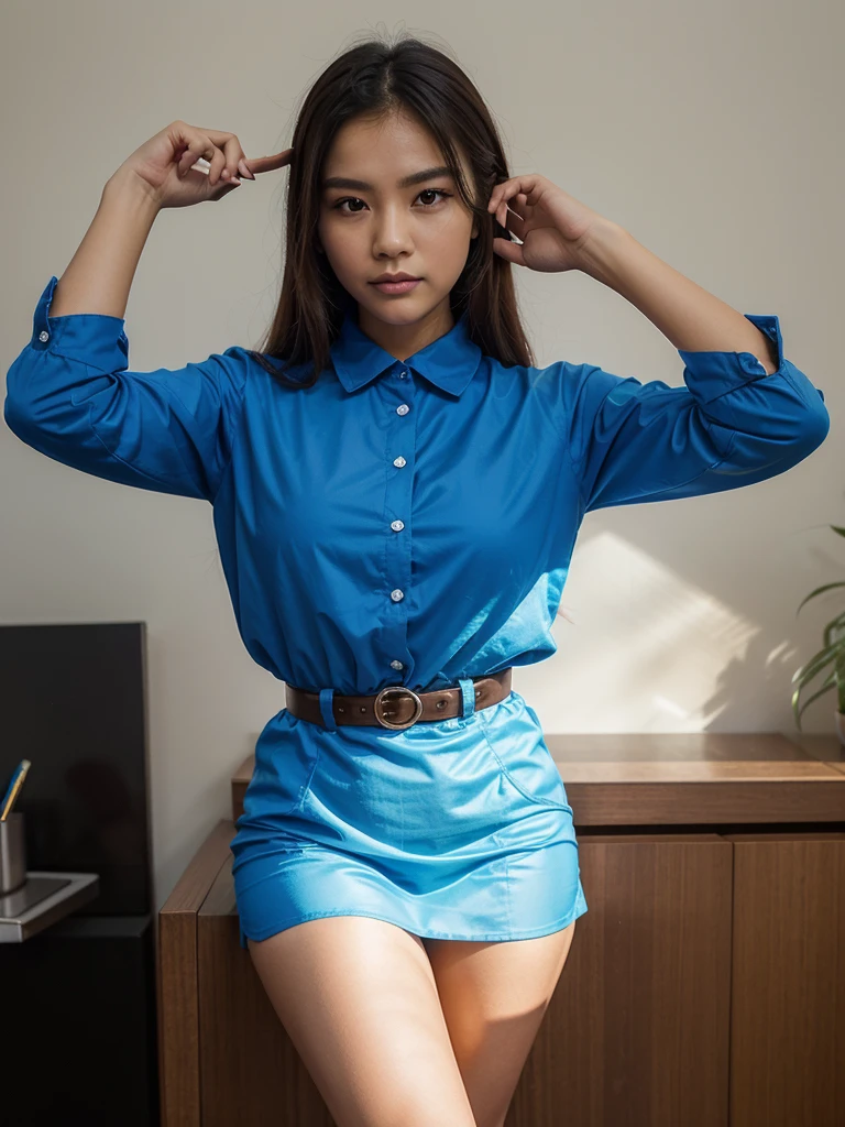 In the time between comfort with charm Thai female model wearing blue long-sleeved shirt Will take a selfie that captures the beauty of influencers in the digital age through photography. A nod to the evocative style of Felicia Simion, the photographs, rendered with clarity and depth of color on Provia film and highlighted by the brightness of Hinchel's technique, are a testament to the essence of social media portraits. Today's lively and shiny media --ar 17:32 --s 750 --v 6.0**