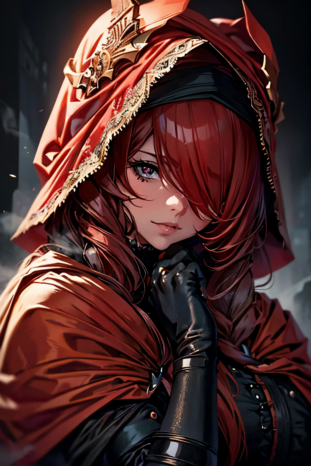 a chubby elegant woman in a red veil covering her eyes, fingers on her lips, long red nails, black background, photo-realistic, high quality, intricate details, oil painting, dramatic lighting, muted colors, mysterious atmosphere