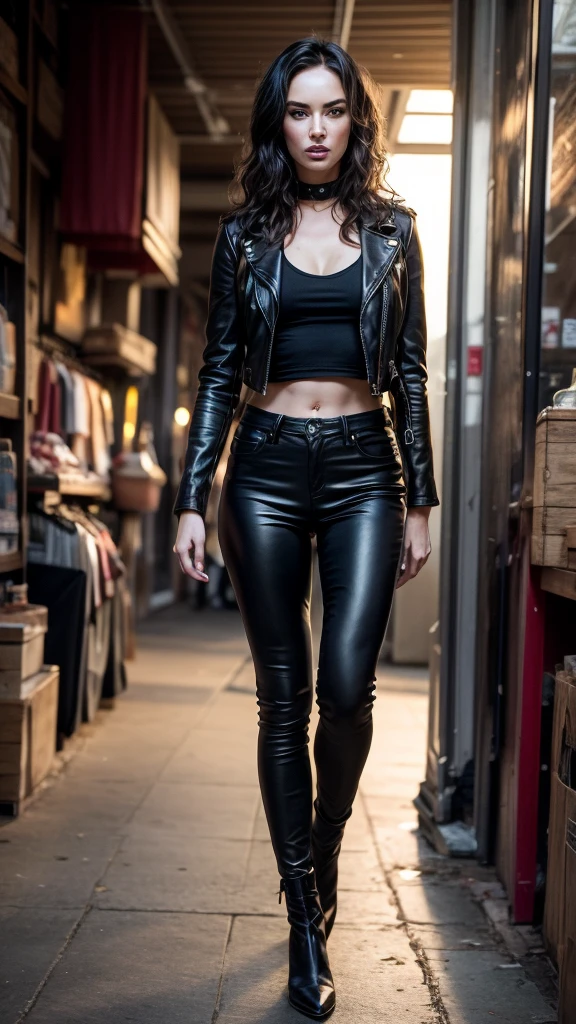 Super Detailed midbody image of Megan Fox wearing a black leather pants, fierce look, leather jacket, standing in a turkish marketplace, perfect make-up, looking away from camera, cannon 6d, octane render, striking, expressive look, alluring look, determined look, strong eyeliner, mesmerizing eyes, elegant, graceful, natural beauty, magnetic, charismatic, versatile, photogenic, backlit