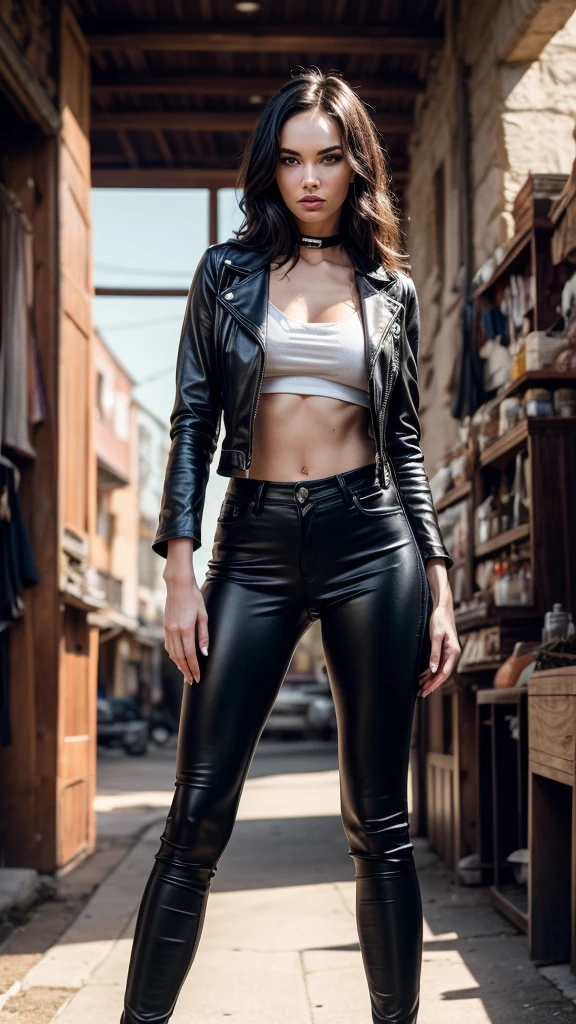 Super Detailed midbody image of Megan Fox wearing a black leather pants, fierce look, leather jacket, standing in a turkish marketplace, perfect make-up, looking away from camera, cannon 6d, octane render, striking, expressive look, alluring look, determined look, strong eyeliner, mesmerizing eyes, elegant, graceful, natural beauty, magnetic, charismatic, versatile, photogenic, backlit