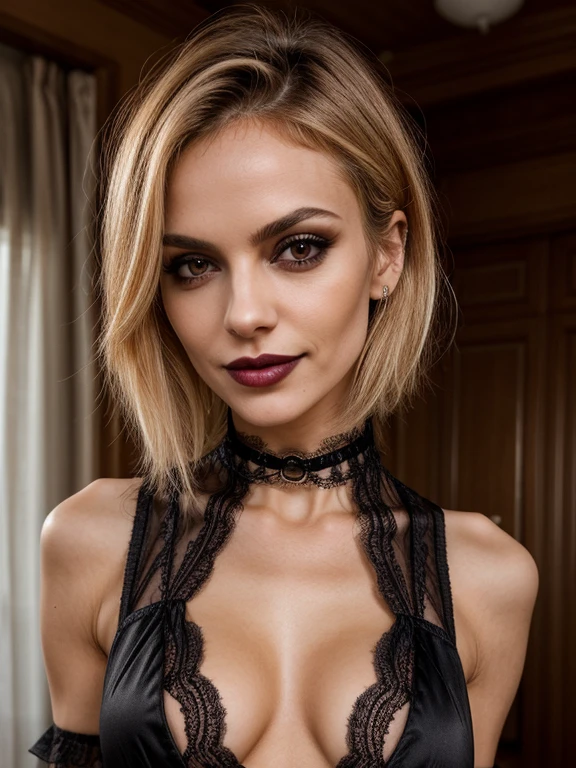 Photograph of an very slim female vampire wearing intricate revealing laced goth skin tight lace dance dress, natural small breasts, biting lip, sexy, looking at viewer, eyes to the camera, enjoying, longing, obsessed, choker, bright blond hair, short messy hairstyle, full body photograph, goth makeup, well-defined collar bones, well-defined hip bones, well-defined ribcage, masterpiece, anatomically correct, textured skin, super detail, high details, high quality, best quality, sensual lips, begging, pleeding, tongue, smiling seductive, intense eyes, erotic tension,