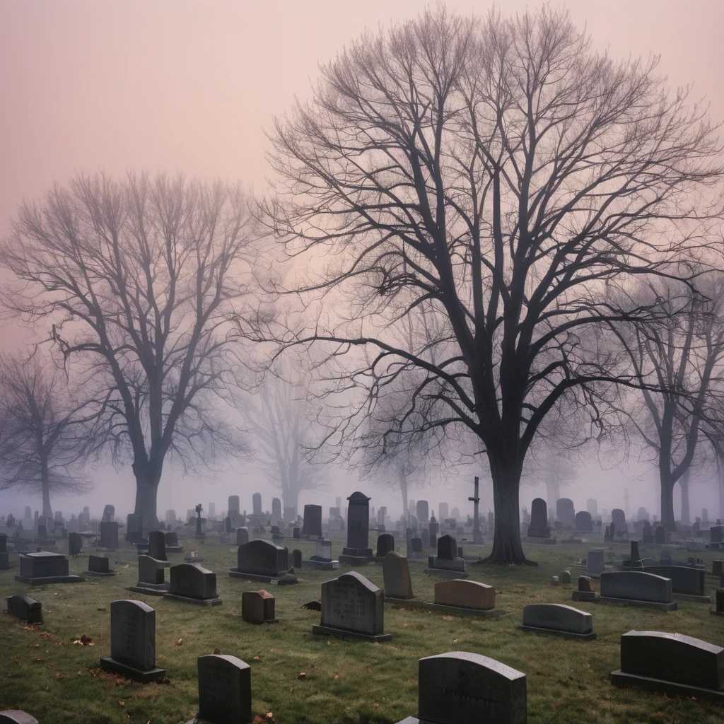 a cemetery at dusk, with leafless trees and a dense fog covering the ground.