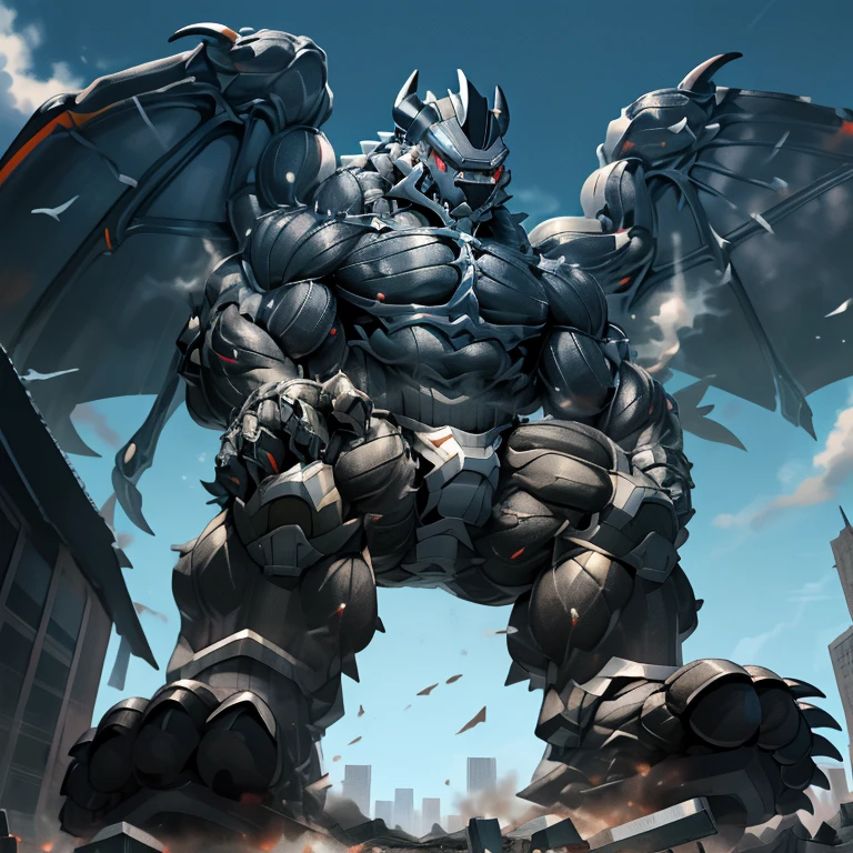 (masterpiece. official art. 8k. best quality. detailed full body. full body.)
(situation 1 : dominating demon lord dragon batzz. focus Colossus mechanical Muscular demon lord dragon batzz is trampling the CITY. macro. stomp. Low-angle perspective. emphasizing the immense size. The perspective is from below, emphasizing the sheer majesty and power of the Colossus. Colossus art. He is much bigger than a skyscraper. Giga Colossuss. micro soccer field. looking down.)

(situation 2 :smoke and flames rising from the destruction in the city)

(Additional details 1: wearing a full-face helmet. helmet is jet black. The color of NANOSUIT is jet black. high-tech bio-mecha armor. real texture material. whole body shines like metal. Wearing cyberpunk mecha. emphasizes the muscles. suit fully made of metal. intricate armor. Robotic suit. suit fully made of metal. NANOSUIT with the same design as demon lord dragon batzz.). (demon lord dragon batzz has 5 toes.)

(Additional details 2: (Detailed head. Detailed Body. Detailed abs. gigantic muscles. HYPER MUSCLES. Gigachad Muscular. big muscle. pecs. triceps. traps. unusually developed muscular body. body full of huge muscles. showing off muscles. pectorales enormes. Exaggeratedly huge muscles. huge muscles. long legs.).

(Additional details 3: nj5furry, Spread wings. It has wings. black have big wings. The claws are sharp. Sharp teeth.5 toes.). 