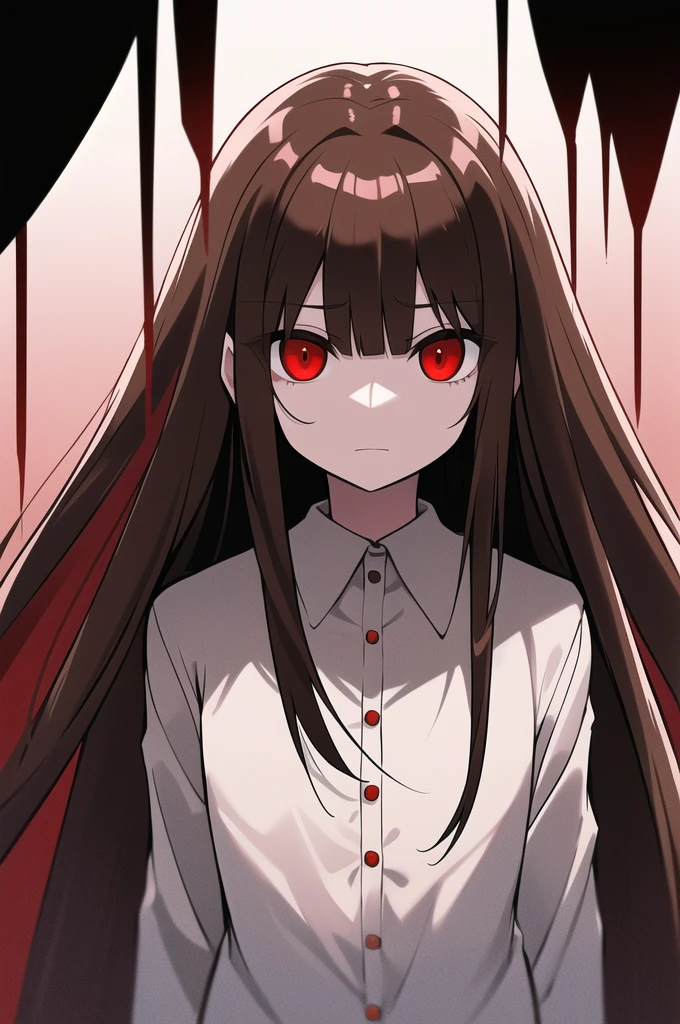 woman, long straight light brown hair, red eyes, with old clothes, dark inhabitant of terror, alone, scary face