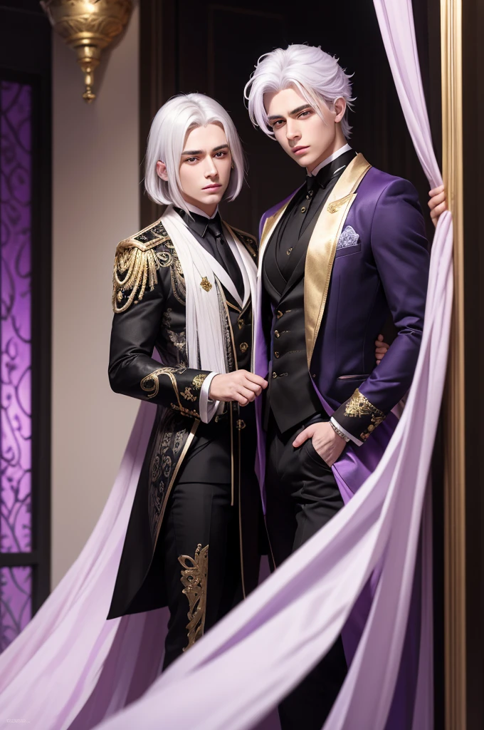 Handsome young male character with golden eyes and white hair with lilac, with black and gold clothes