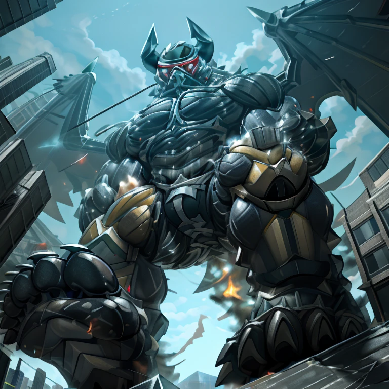 (masterpiece. official art. 8k. best quality. detailed full body. full body.)
(situation 1 : dominating demon lord dragon batzz. focus Colossus mechanical Muscular demon lord dragon batzz is trampling the CITY. macro. stomp. Low-angle perspective. emphasizing the immense size. The perspective is from below, emphasizing the sheer majesty and power of the Colossus. Colossus art. He is much bigger than a skyscraper. Giga Colossuss. micro soccer field. looking down.)
(situation 2 :smoke and flames rising from the destruction in the city)
(Additional details 1: wearing a full-face helmet. helmet is jet black. The color of NANOSUIT is jet black. high-tech bio-mecha armor. real texture material. whole body shines like metal. Wearing cyberpunk mecha. emphasizes the muscles. suit fully made of metal. intricate armor. Robotic suit. suit fully made of metal. NANOSUIT with the same design as demon lord dragon batzz.). (demon lord dragon batzz has 5 toes.)
(Additional details 2: (Detailed head. Detailed Body. Detailed abs. gigantic muscles. HYPER MUSCLES. Gigachad Muscular. big muscle. pecs. triceps. traps. unusually developed muscular body. body full of huge muscles. showing off muscles. pectorales enormes. Exaggeratedly huge muscles. huge muscles. long legs.).
(Additional details 3: nj5furry, Spread wings. It has wings. black have big wings. The claws are sharp. Sharp teeth.5 toes.).
