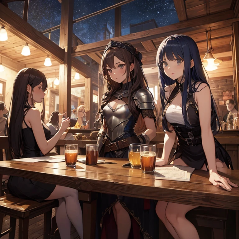 A group of  female medieval fantasy adventurers, (in tavern), various hair styles, harem, night, details face, short skirt, seducing, sleeveless, armor 