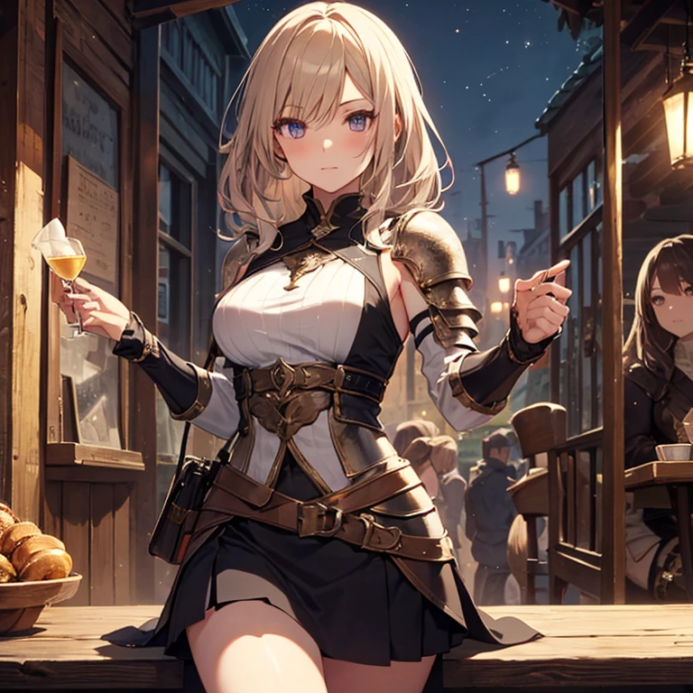 A group of  female medieval fantasy adventurers, (in tavern), various hair styles, harem, night, details face, short skirt, seducing, sleeveless, armor 