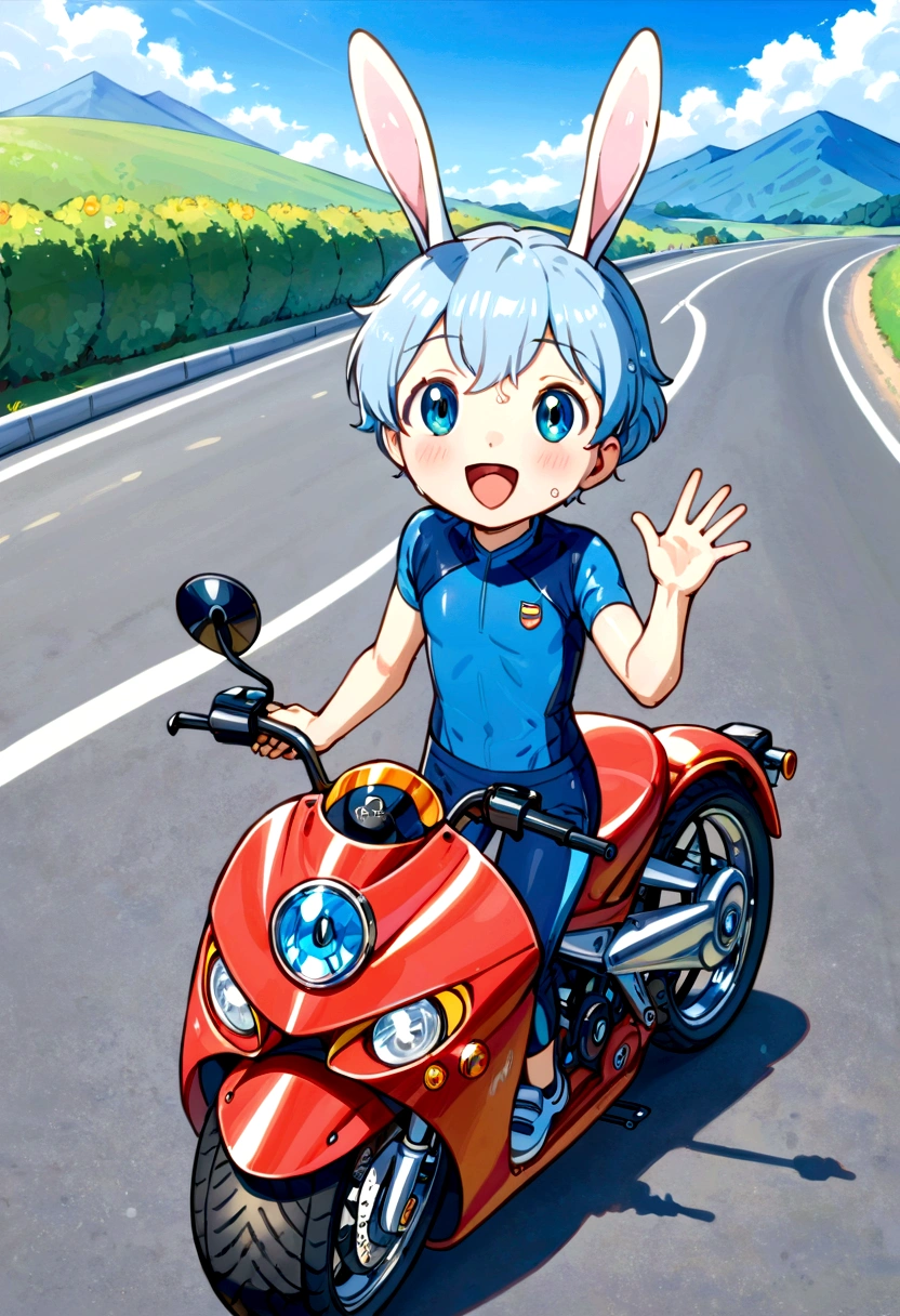 Cute young boy, rabbit ears,rabbit boy, luca,blue hair, blue eyes, cute face, very smail, laughing, nsfw, small breasts, waist, motorcycle pants, wet spats, cute crotch penis, sitting, full view body, waving at viewer, looking at another, cute face, very smail, laughing, happy,