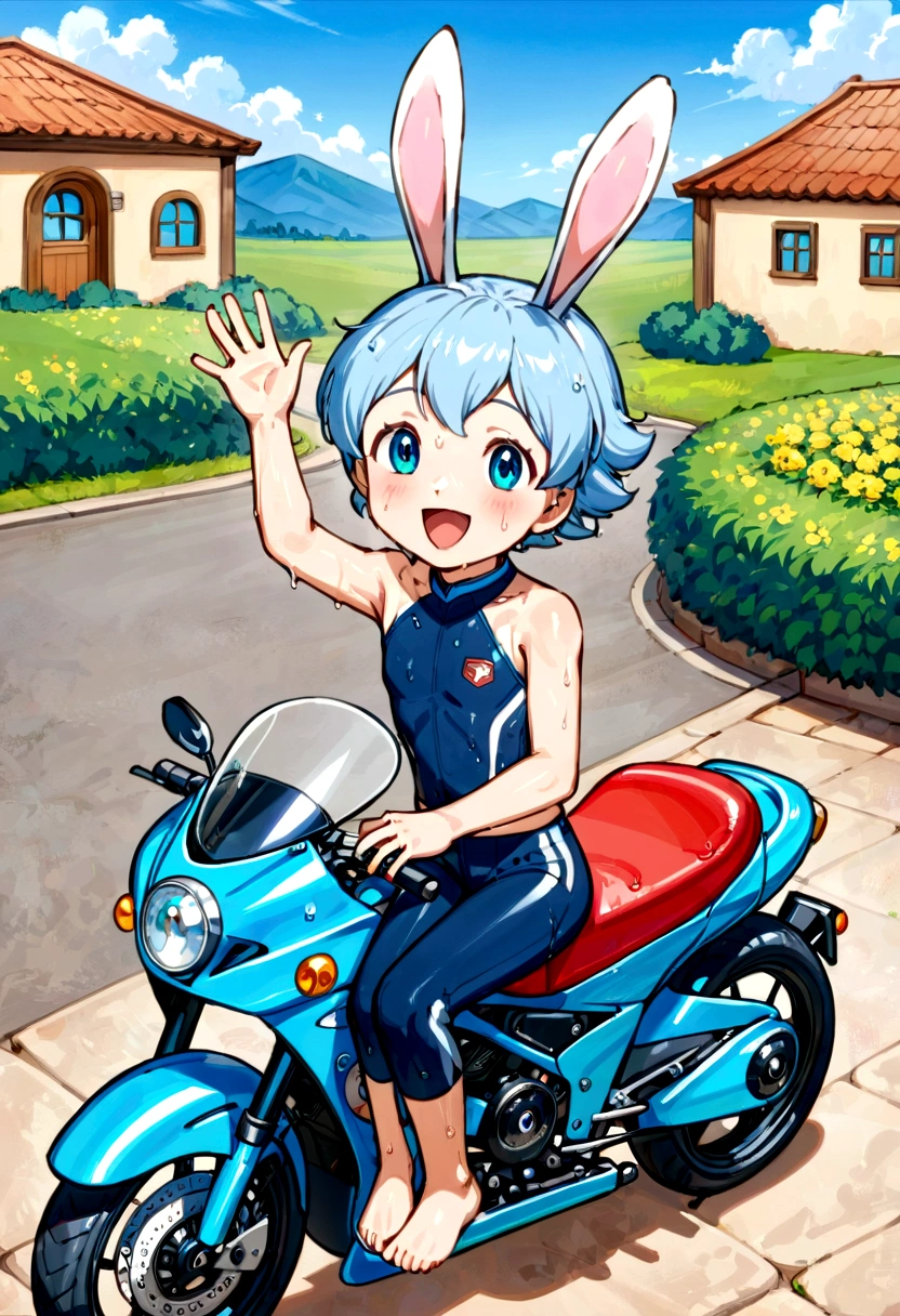 Cute young boy, rabbit ears,rabbit boy, luca,blue hair, blue eyes, cute face, very smail, laughing, nsfw, small breasts, waist, motorcycle pants, wet spats, cute crotch penis, sitting, full view body, waving at viewer, looking at another, cute face, very smail, laughing, happy,