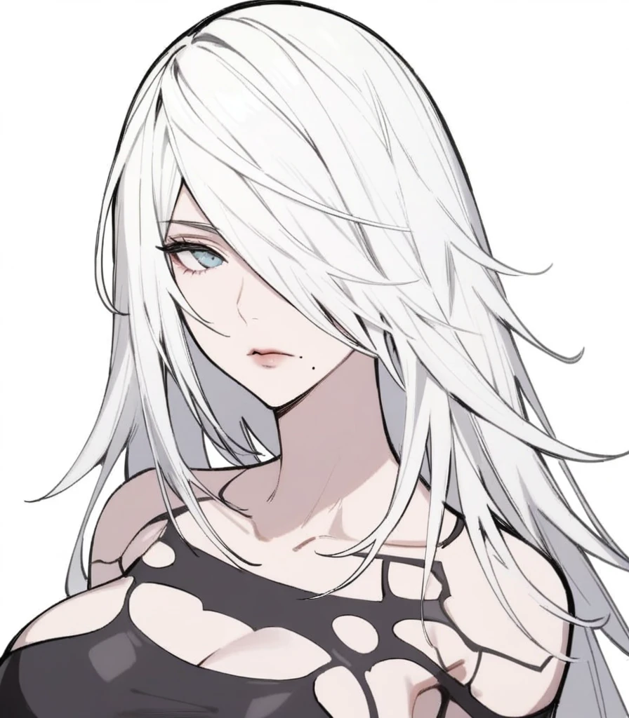 masterpiece,best quality, elegant body, 1girl, upper_body, mole_under_mouth, highres, a2_\(nier:automata\), nakef, solo, expressionless, big breast, white_background, hair_over_one_eye, white_outline, 