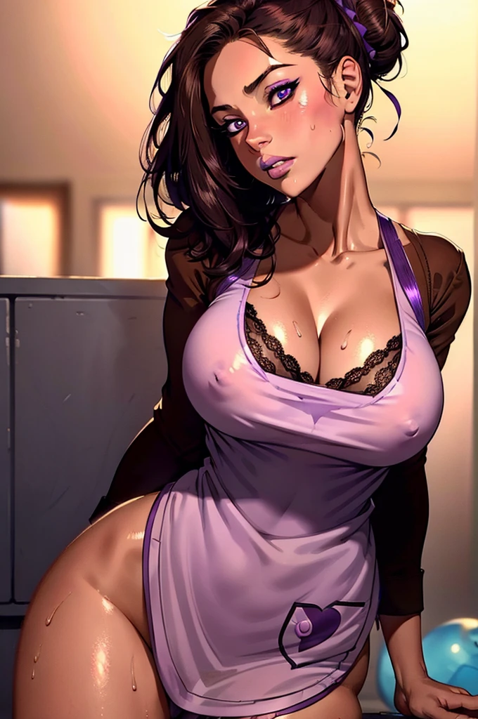 masterpiece:1.5, best quality:1.5, aesthetic, 1girl, sidelocks, cinematic lighting, sharp focus,large breasts , mature female, horny ,16k, glowing eyes, detailed 4k eyes,
playground,seduction,sexy lips, parted lips,detailed lips, high detailed background,((big purple eyes)), detailed face,shiny skin,
auntjunev3,auntjune,,hair bun, bangs, messy hair
, brown hair,( brown shirt:1.3), large breasts, brown eyes, mature female, blush, sligh cleavage, wearing transparent apron, sweating very sweating, grab own ass showing from back, masterpiece, best quality, high detailed, desire, blush, perfect hands, blush, shy, tight gap, NSFW,