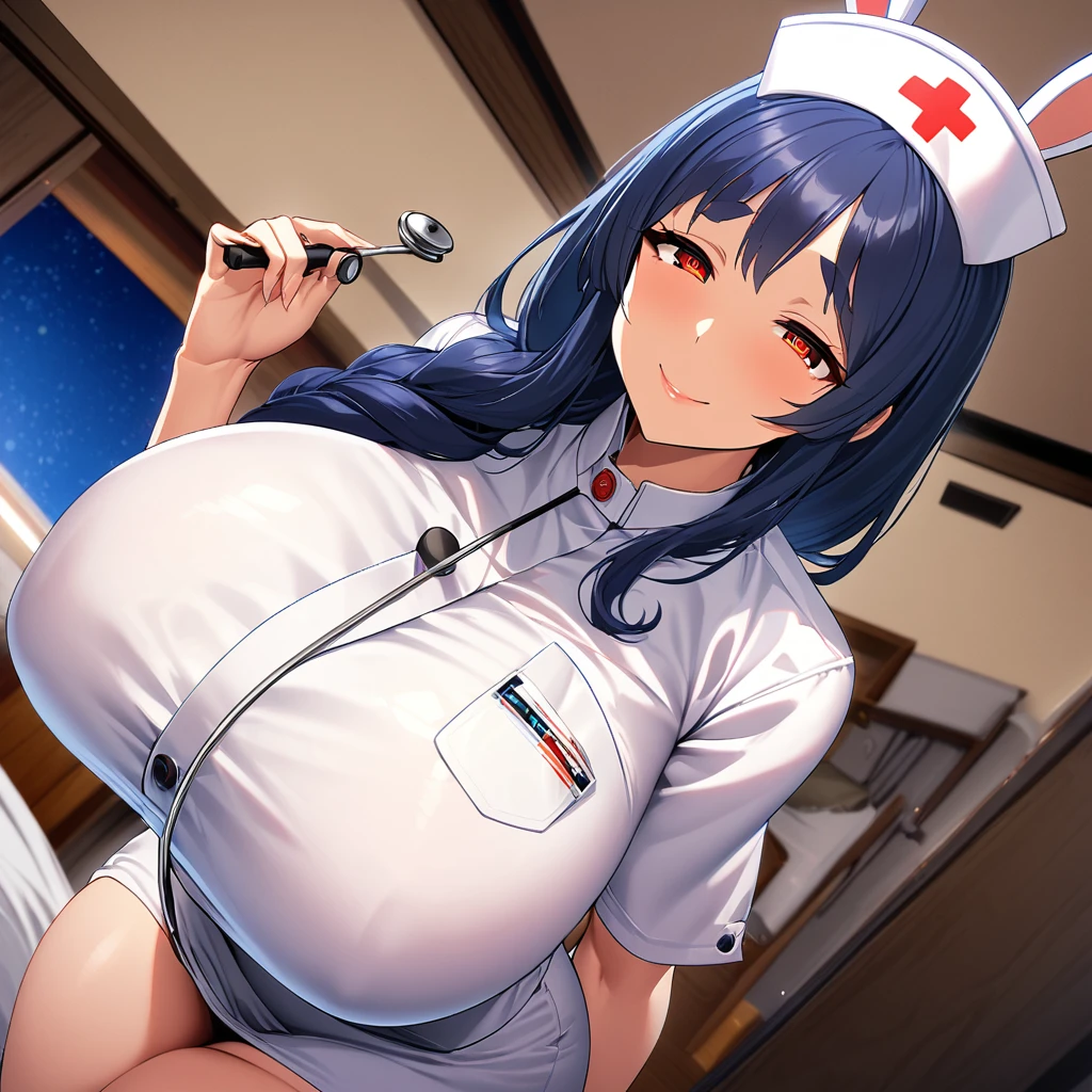 1girl, pekomama, long hair, smile, mature female, red eyes,super huge breasts,Whipped thighs,white nurse costume,nurse cap,stethoscope in hand,hair over shoulder,Females in heat,looking at viewer,upturned eyes,indoors, inside the house, bed room,midnight,very near,(very aethetic, best quality, ultra detailed), intricate details