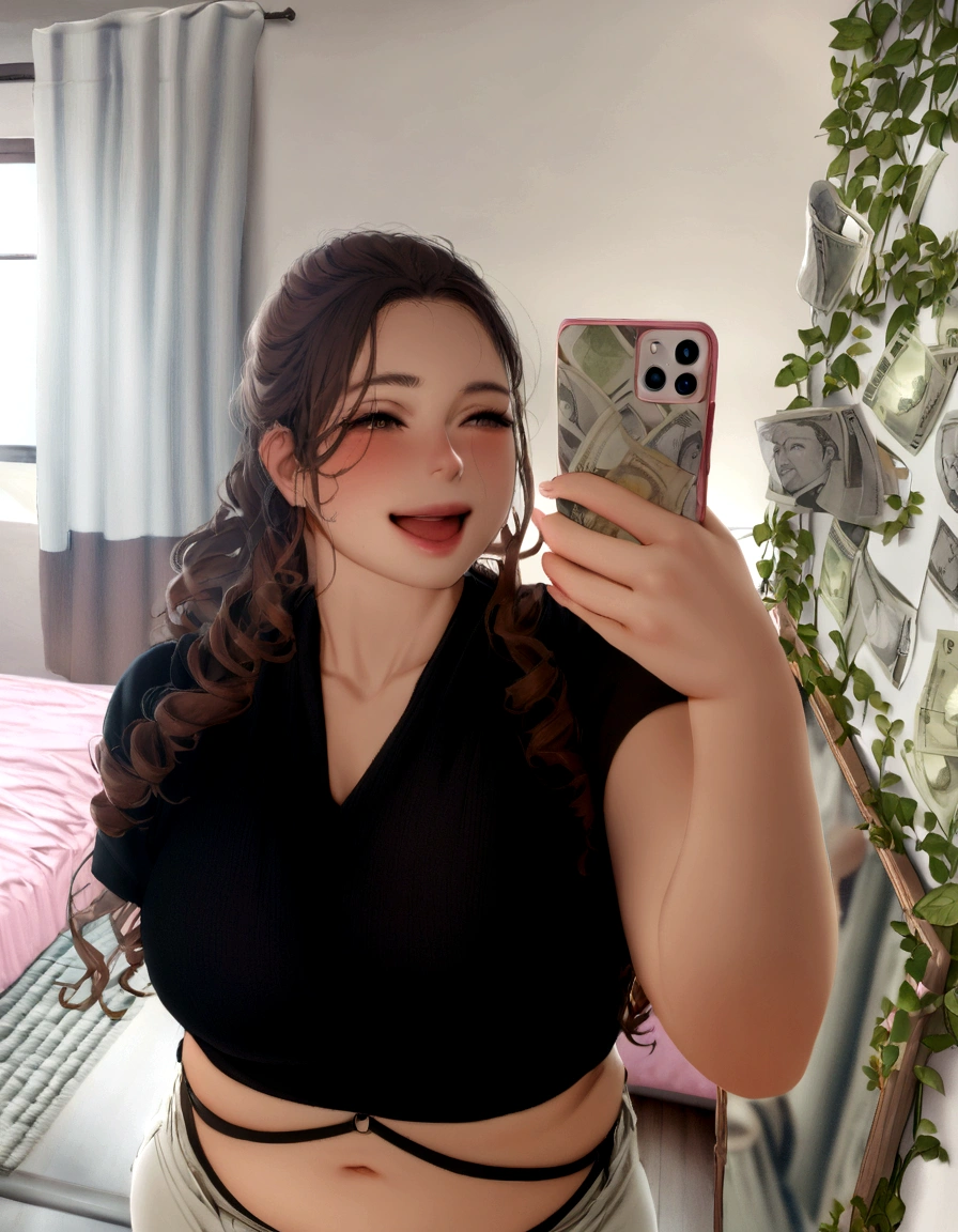 A young woman is taking a selfie in front of a mirror. she has brown curly hair, partially trapped, and is wearing a black short-sleeved blouse and white pants. She smiles softly as she holds a cell phone with a cover decorated with images of banknotes.. She's chubby.