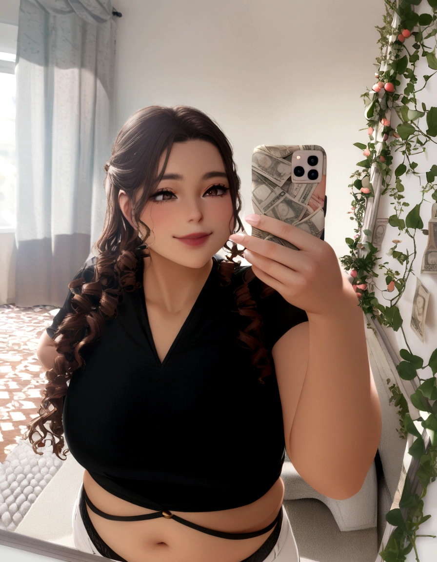 A young woman is taking a selfie in front of a mirror. she has brown curly hair, partially trapped, and is wearing a black short-sleeved blouse and white pants. She smiles softly as she holds a cell phone with a cover decorated with images of banknotes.. She's chubby.
