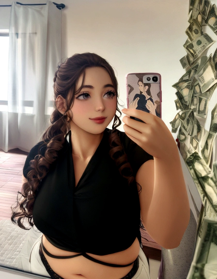 A young woman is taking a selfie in front of a mirror. she has brown curly hair, partially trapped, and is wearing a black short-sleeved blouse and white pants. She smiles softly as she holds a cell phone with a cover decorated with images of banknotes.. She's chubby.