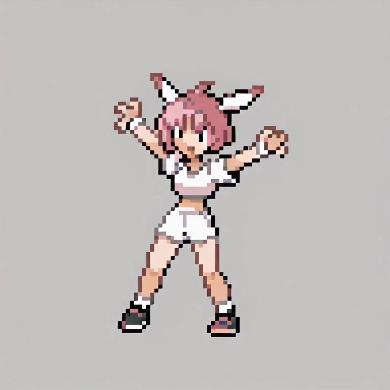 ((56x56 sprite)), ((56x56 trainer sprite pixelart)),masterpiece, best quality, 1girl, gen2, pokeball, fullbody, claw_pose, animal ears, dog ears, white crop top, pink hair, short hair, mococo abyssgard