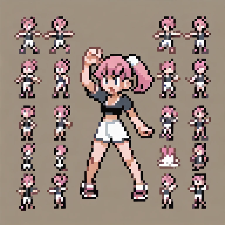 ((56x56 sprite)), ((56x56 trainer sprite pixelart)),masterpiece, best quality, 1girl, gen2, pokeball, fullbody, claw_pose, animal ears, dog ears, white crop top, pink hair, short hair, mococo abyssgard