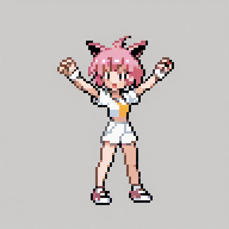 ((56x56 sprite)), ((56x56 trainer sprite pixelart)),masterpiece, best quality, 1girl, gen2, pokeball, fullbody, claw_pose, animal ears, dog ears, white crop top, pink hair, short hair, mococo abyssgard