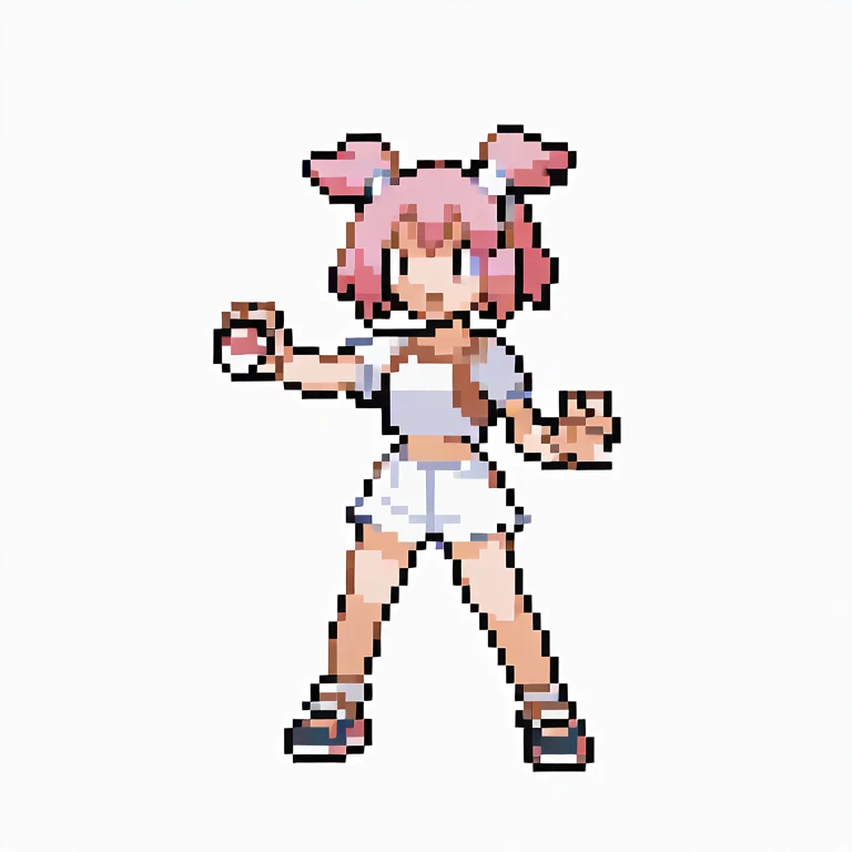 ((56x56 sprite)), ((56x56 trainer sprite pixelart)),masterpiece, best quality, 1girl, gen2, pokeball, fullbody, claw_pose, animal ears, dog ears, white crop top, pink hair, short hair, mococo abyssgard