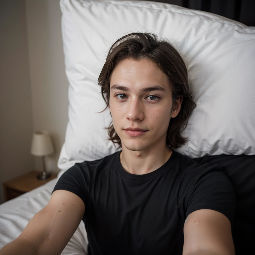 hyperrealistic man Chico Lachowski 18 years old, blonde hair, Blue eyes, in a black T-shirt, take a selfie in bed under the covers. He looks very tired, (medium length hair), night, very dark, shy smile,  one-handed selfie, skin imperfections, skin imperfections 1.33, sleepy, frank vibes, ((low quality selfie photo))