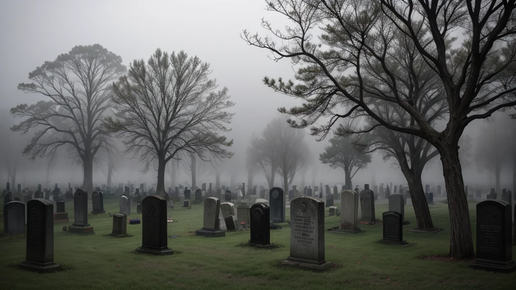 A foggy, eerie cemetery at night. The scene is filled with old, weathered tombstones and a few twisted, leafless trees. The entire area is shrouded in thick, rolling fog that adds to the sinister atmosphere.