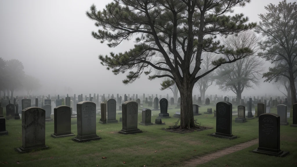 A foggy, eerie cemetery at night. The scene is filled with old, weathered tombstones and a few twisted, leafless trees. The entire area is shrouded in thick, rolling fog that adds to the sinister atmosphere.