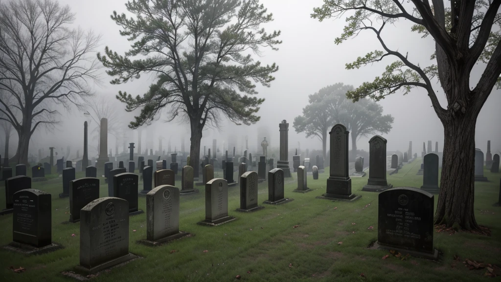 A foggy, eerie cemetery at night. The scene is filled with old, weathered tombstones and a few twisted, leafless trees. The entire area is shrouded in thick, rolling fog that adds to the sinister atmosphere.