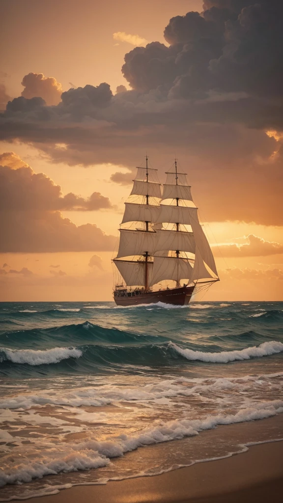This image depicts a painting of a ship sailing in the ocean, with a person standing on the water in the foreground. Jesus Christ is likely meant to represent Jesus, walking on water with his arms outstretched. The scene is peaceful, with clouds in the sky and a sense of tranquility. The colors in the painting are primarily earthy tones, with accents of warm orange. The image also includes a quote in Spanish from the book of Matthew, emphasizing not to worry about the future. Overall, the image conveys a sense of faith, calmness, and serenity.