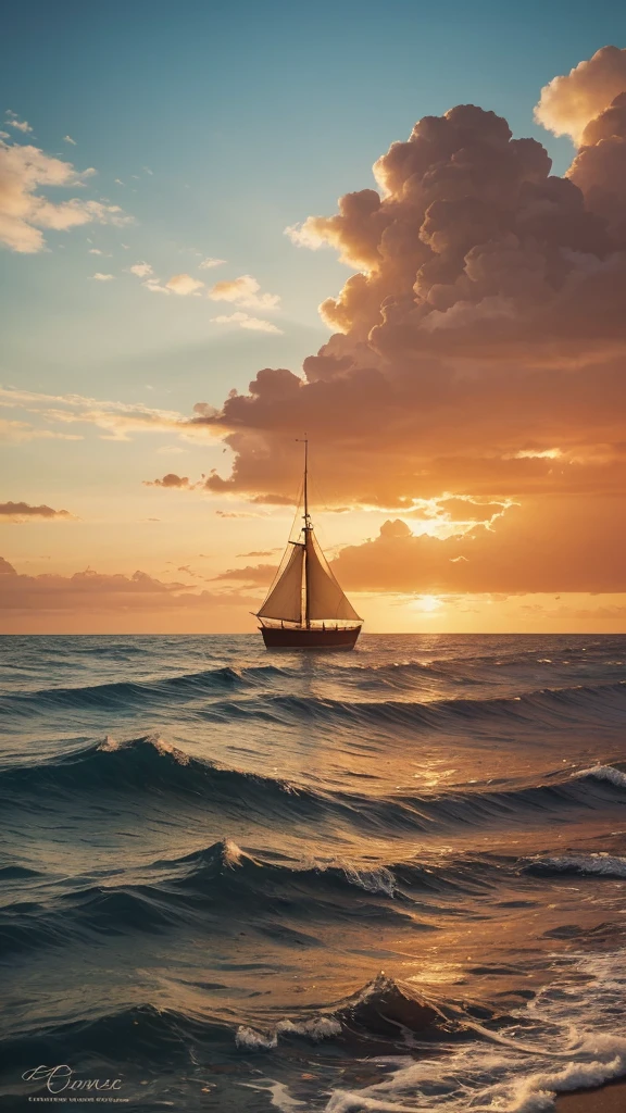 This image depicts a painting of a ship sailing in the ocean, with a person standing on the water in the foreground. Jesus Christ is likely meant to represent Jesus, walking on water with his arms outstretched. The scene is peaceful, with clouds in the sky and a sense of tranquility. The colors in the painting are primarily earthy tones, with accents of warm orange. The image also includes a quote in Spanish from the book of Matthew, emphasizing not to worry about the future. Overall, the image conveys a sense of faith, calmness, and serenity.