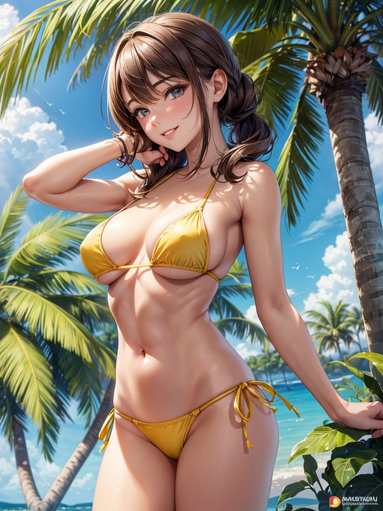 ,(best quality, ultra-detailed, realistic:1.37, masterpiece:1.2), woman, beautiful detailed eyes, beautiful detailed lips, brown hair tied up, smile,yellow micro bikini, slim figure, caustics, textile shading, toned body, clean abs, palm trees swaying, 