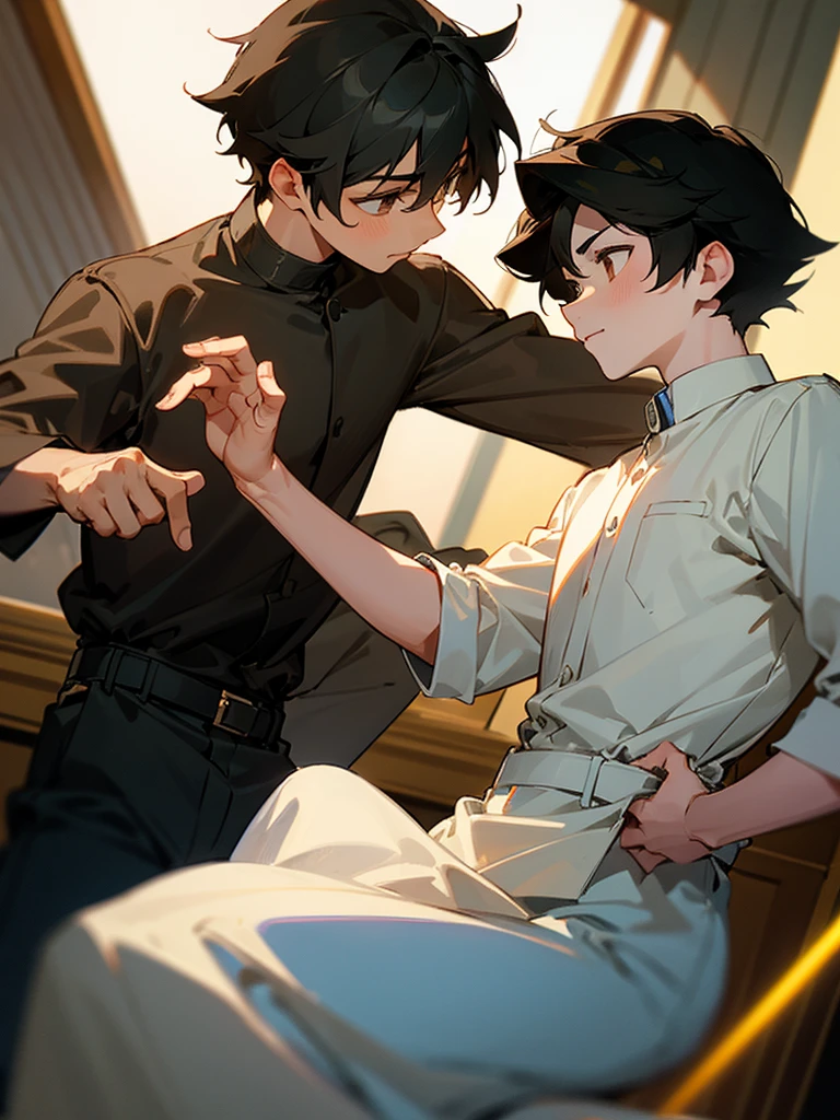 two boys, one with black hair and the other light brown, one low and the other high, both in 