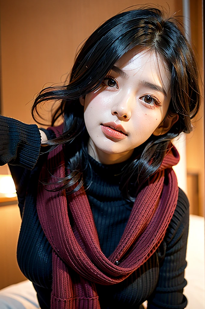 1girl,Black sweater、Red scarf、Looking up、Small breasts、Natural Makeup、Shortcuts、Black Hair