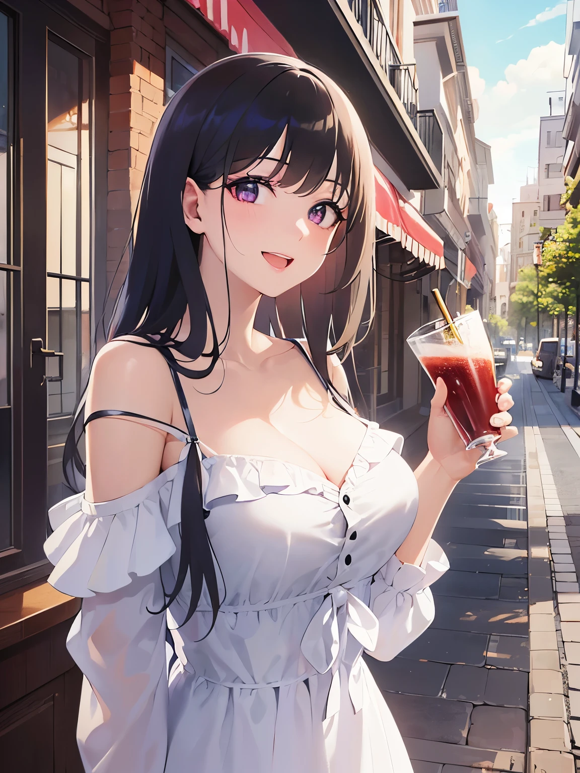 Detailed CG, Ultra-fine illustrations,masterpiece,highest quality, AW Photos,Realistic,BREAK(white off shoulder long blouse:1.5)BREAK,(Pale skin:1.2),Shiny skin Shiny Hair,(A 26-year-old woman with straight hair and bangs)and(Medium Hair)and(Black Hair)and(Purple eyes),(smile:1.3),(open mouth),(Holding a juice),(Biologically correct5Fingesurprised)and(missing fingers),Cafe Terrace in the background,alone,Cleavage