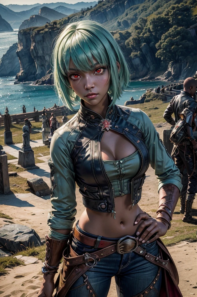 emeraldsustrai, emerald sustrai, short hair, (red eyes:1.5), (green hair), dark skin, dark-skinned female, navel, cleavage, midriff, belt, cleavage cutout, chaps, hands on hips, outdoors, military wedding, lavish wedding reception, on hillside, overlooking coast, sea, crowd, (crowd in military dress), (volumetric lighting),  intricate details, tonemapping, sharp focus, hyper detailed, (cowboy shot:1.5), BREAK (masterpiece:1.2), best quality, high resolution, unity 8k wallpaper, (illustration:0.8), (beautiful detailed eyes:1.6), extremely detailed face, perfect lighting, extremely detailed CG, (perfect hands, perfect anatomy),