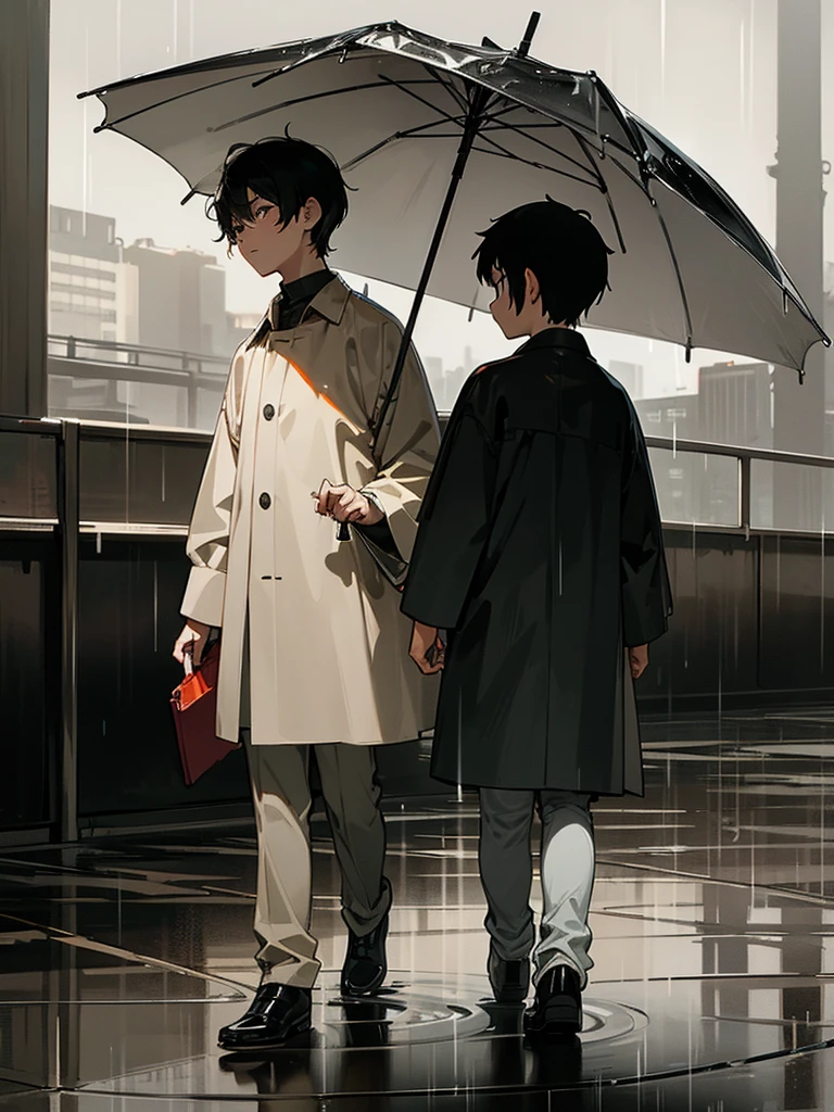 two boys, one with black hair and the other light brown, one low and the other high, the two in walking in the rain