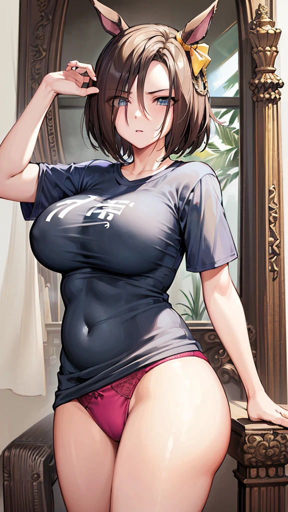 (((masterpiece))),(((High resolution)))、(((perfect face)))、(((Air Groove))), (((oversized T-shirts, panty))), ((top quality eyes)), ((high resolution face)), detailed face, (detailed texture), (plump), (big tits), NSFW