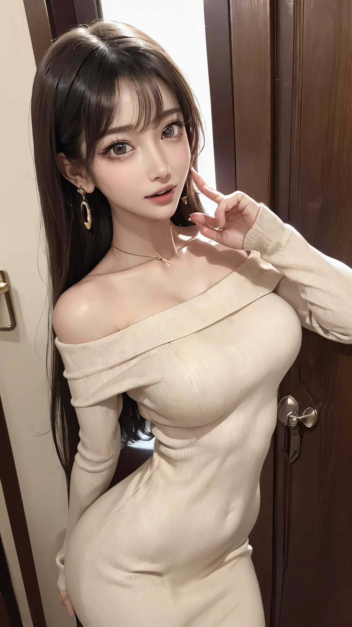 (masterpiece, highest quality, highest quality, Official Art, Beautiful and aesthetic:1.2, Cinematic lighting、Key light at 45 degrees from the front, Fill Light、Soft backlight), 


Beautiful Face、Perfect round ass、The body is slim、Fit and body、Pale skin、Shiny, bright eyes、Long eyelashes、Glossy face、Pervert woman、Beautiful mature woman, 
(Oily skin、Glowing Skin、Realistic skin texture、Beautiful skin in every detail、Shiny skin),

A 23-year-old 、(Cute:1.5)、
 ((Open your mouth:1.2))、masterpiece,highest quality,High resolution,Very detailed,skinny,,((Captivating smile ))、(skinny Black hair)Choker,Earrings,Big cleavage、(Light-colored off-the-shoulder tight sweater dress:1.5)、,Race,(( Perfect Fingers )) ,  indoor,(Open the front door 1.2),((sexy Gestures:1.5, A flirtatious, sexy face、A sweet, ecstatic face:1.5, Open your mouth and look at me))、Heavy breathing , (Lip gloss, eyelash, Terrible face, highest quality, Ultra-high resolution, Wide Lighting, Natural Shading), Absolute area、

Accurate 5-finger、Accurate human body、The perfect human body、The most beautiful face, true to the human body、Correct five-finger、The perfect human body、Someone knowledgeable、Highly detailed face and skin texture、Natural neck length、(beautiful Hands)、beautiful, Long, slender legs、Straighten two legs、Straighten two arms、(AHEGAO face:1.8, steam:1.2, sweat, Vulgarity:1.3),(((Big Breasts:1.2)))